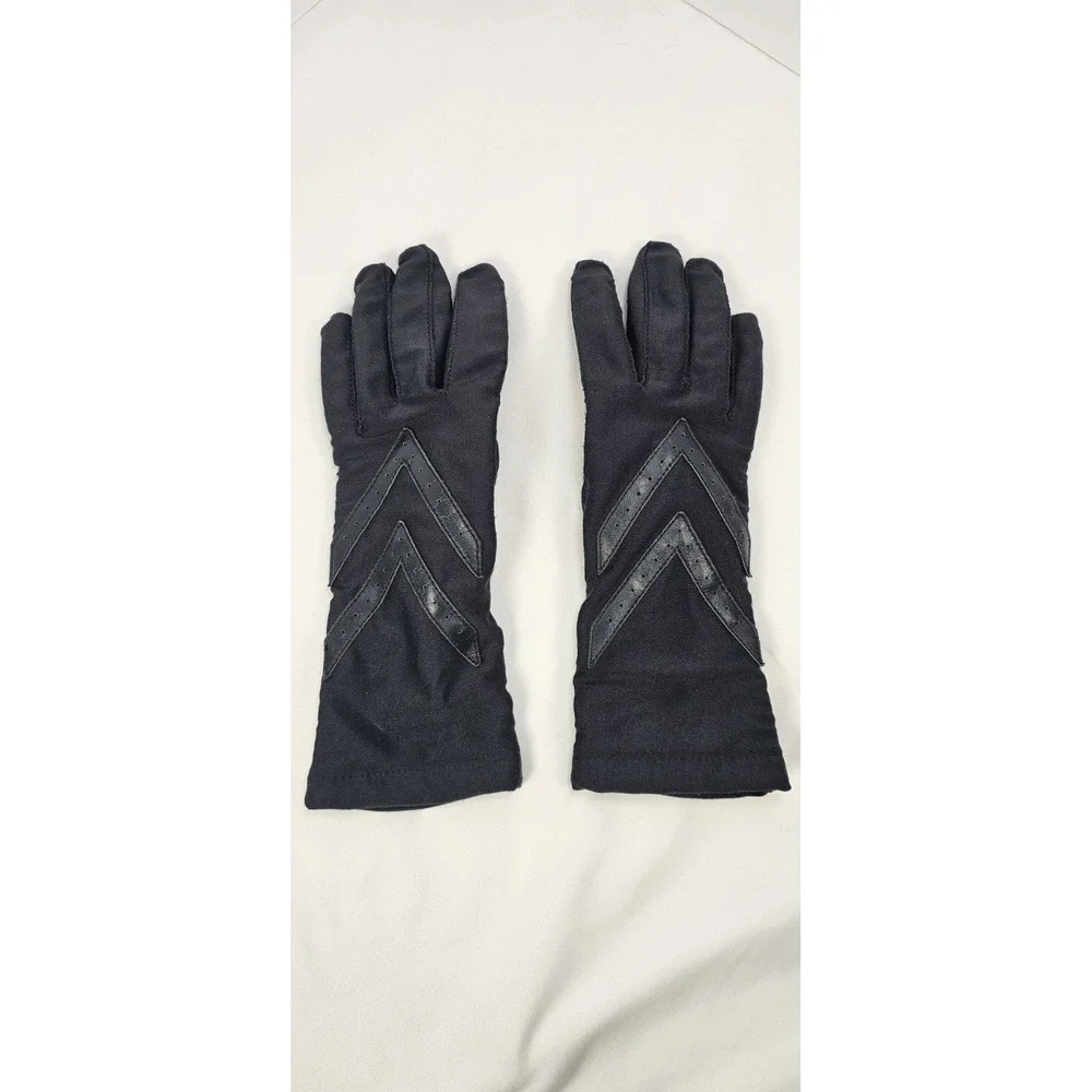 Vintage Black Stretch Winter Gloves Chevron Faux Leather Trim‎ One Size Y2K